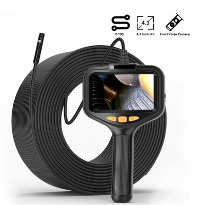 Endoscópio com cabo preto, ecrã e punhos com botões amarelos