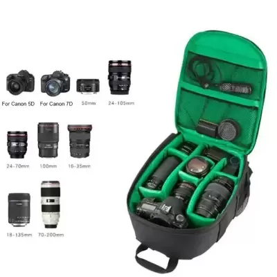 Mochila preta com divisórias verdes e equipamento fotográfico Canon junto a esquema de objetivas