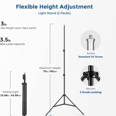 Dois tripés de suporte de luz ajustável em altura preto com especificações técnicas e partes detalhadas.