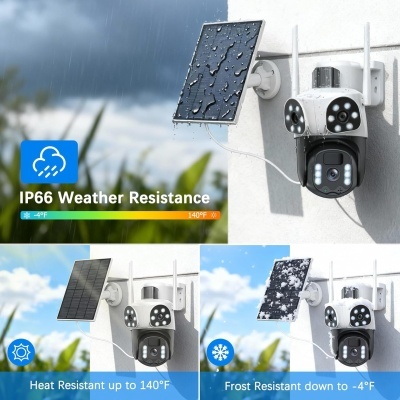Câmara de segurança exterior branca e preta com painel solar e resistência IP66 às condições meteorológicas.