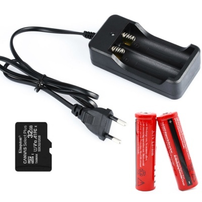 Carregador de pilhas preto, duas pilhas vermelhas e cartão de memória Kingston Canvas Select Plus 128 GB