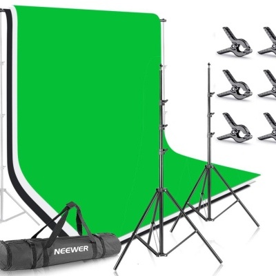 Conjunto de fundo fotográfico verde com tripés, grampos e bolsa preta NEEWER