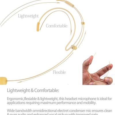 Microfone de headset dourado com espuma amarela em fundo branco