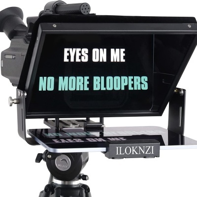 Teleprompter profissional preto com texto reflexo no ecrã