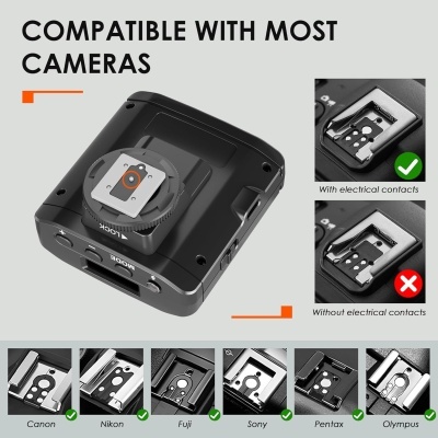 Adaptador de flash preto compatível com várias marcas de câmaras e imagens dos encaixes metálicos