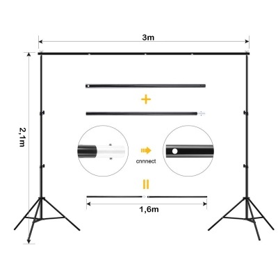 Suporte de fundo para fotografia preto em metal com medidas e detalhes
