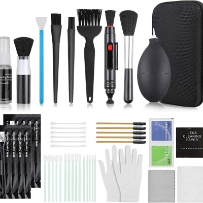 Conjunto de ferramentas de limpeza para câmeras e lentes com pincéis, spray, luvas e estojo preto