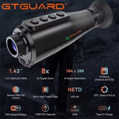 Monóculo GTGUARD preto com botões e especificações técnicas visíveis