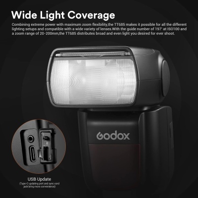 Flash fotográfico Godox TT685 preto com painel translúcido e porta USB tipo C