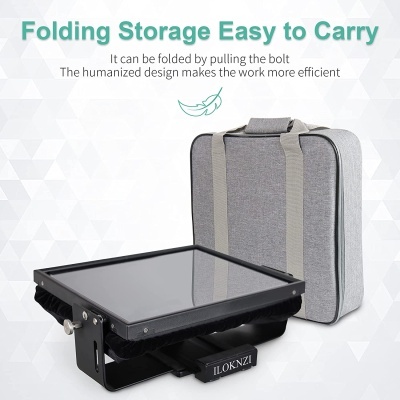 Mala de armazenamento cinzenta com dispositivo preto dobrável e texto explicativo