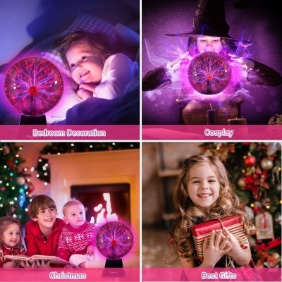 Esfera de plasma com luzes roxas e vermelhas em diferentes contextos temáticos e festivos.