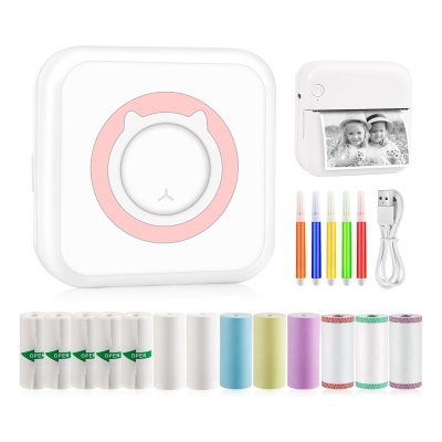 Impressora portátil branca com acessórios coloridos