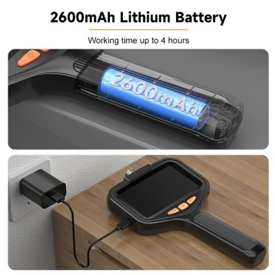 Dispositivo preto com ecrã, botões laranja e bateria azul com texto 2600mAh
