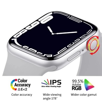 Relógio inteligente prateado com ecrã retangular curvo preto e bracelete branca