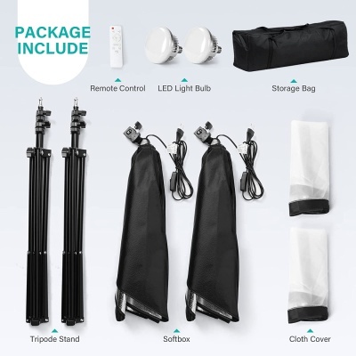 Kit de iluminação com tripés, softboxes, lâmpadas LED, comando remoto e bolsa de transporte