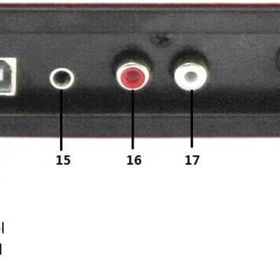 Placa preta com vários conectores e legenda numerada em texto preto em fundo branco.