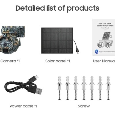 Produtos para câmara com painel solar, manual, cabo USB e parafusos