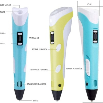 Três canetas 3D coloridas com ecrã LED e controles, vistas de diferentes ângulos