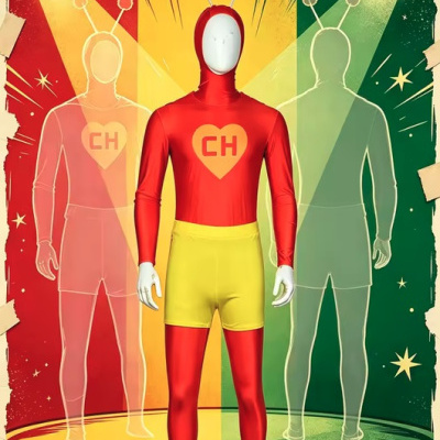 Fato completo vermelho e amarelo com coração e letras CH em manequim