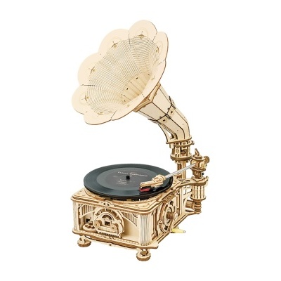 Gramofone decorativo em madeira clara com prato e altifalante em formato de flor