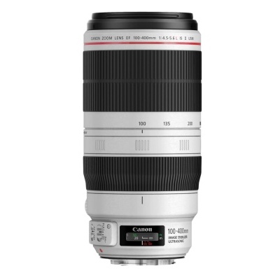Objetiva Canon Zoom Lens EF 100-400mm branca com detalhes pretos e vermelhos