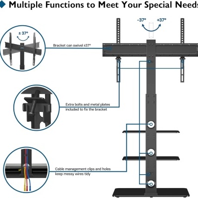 Suporte de TV preto com detalhes de funcionalidades e gestão de cabos
