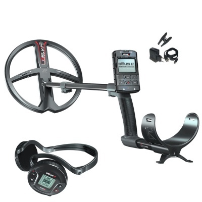 Detector de metais preto com ecrã digital e auscultadores