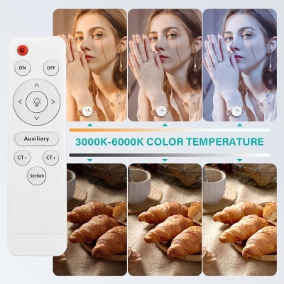 Comando remoto branco com botões e texto sobre temperatura de cor 3000K-6000K