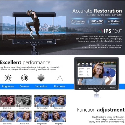 Monitor externo para câmara NEWVEC 7.0 polegadas em tripé, informações técnicas e funções mostradas numa imagem promocional