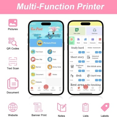 Dois smartphones exibindo aplicações de impressora multifuncional com várias opções de impressão e digitalização