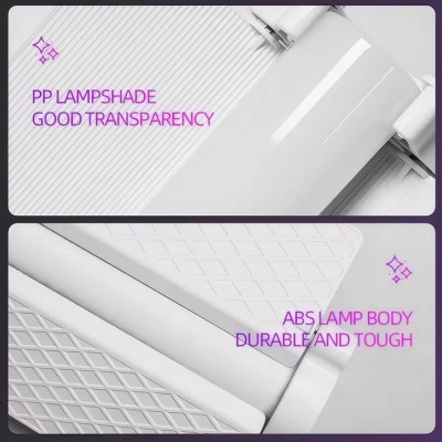 Cúpula e corpo de lâmpada branco com texto explicativo roxo