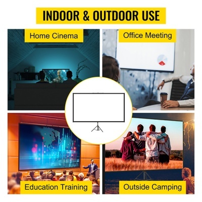 Montagem mostrando usos de ecrã de projeção para cinema em casa, reuniões, formação e campismo ao ar livre.