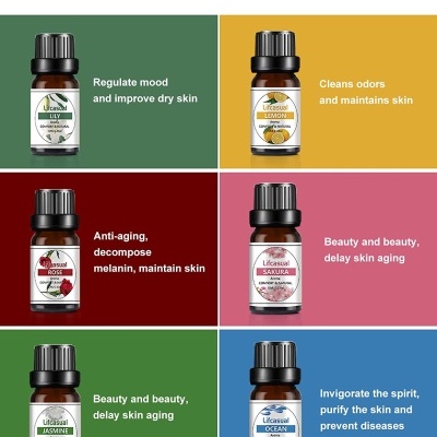 Seis frascos de óleo essencial com diferentes funções descritas em inglês e português