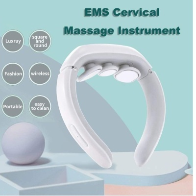 Instrumento de massagem cervical branco em fundo azul claro com texto promocional