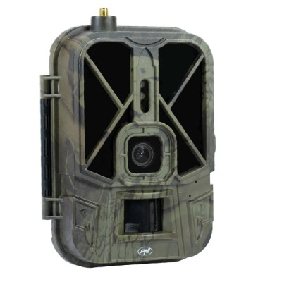 Câmara de caça camuflada com lente central e antena superior
