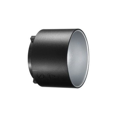 Refletor cilíndrico preto com interior prateado em fundo branco