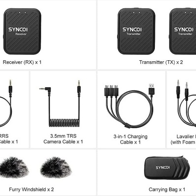 Kit SYNCO com receptor, transmissores, cabos, microfones Lavalier, proteções anti-vento e bolsa de transporte preta
