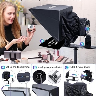 Teleprompter preto adaptável para câmeras com sombreador e instruções de instalação