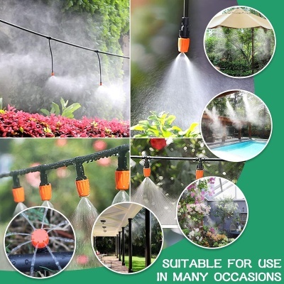 Sistema de nebulização com tubos pretos e bocais laranja a vaporizar água em várias situações
