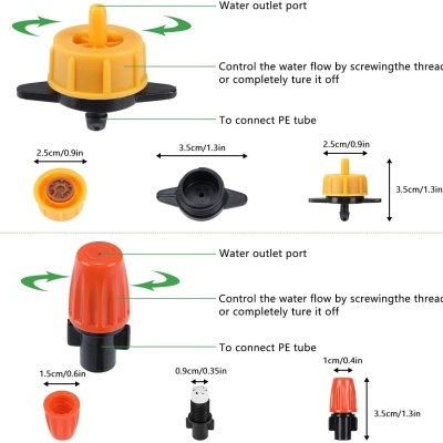Pequenos regadores amarelo e vermelho para tubos PE com partes pretas, com dimensões e instruções em inglês.