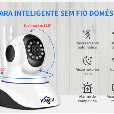 Câmara inteligente sem fios branca com antenas, indicação de ângulos, funcionalidades ilustradas e marca Hiseeu