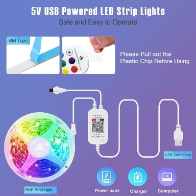 Fita LED RGB USB com controlador e cabo em fundo roxo