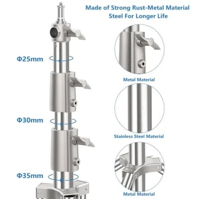 Suporte metálico ajustável com três secções e alavancas de bloqueio