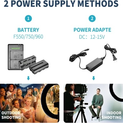 Ilustração dos dois métodos de fornecimento de energia para equipamentos de filmagem, bateria e adaptador.