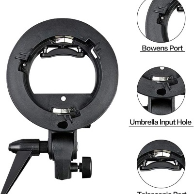 Suporte de flash preto com várias entradas e texto explicativo