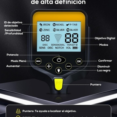 Painel digital com ecrã LCD retroiluminado e botões pretos e amarelos