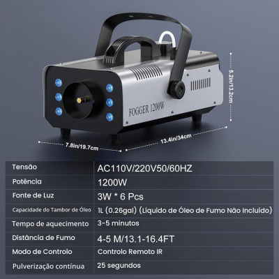 Máquina de fumo metálica cinza e preta com luzes azuis e especificações técnicas.