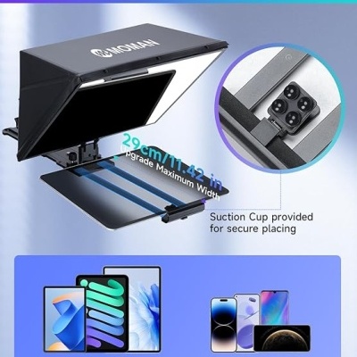 Suporte portátil para tablets e smartphones com ventosa e largura ajustável.