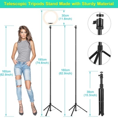 Tripé telescópico preto com suporte para anel de luz e ajustes de altura