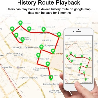 Mapa com percurso em linha vermelha e pontos verdes, mostrado em smartphone